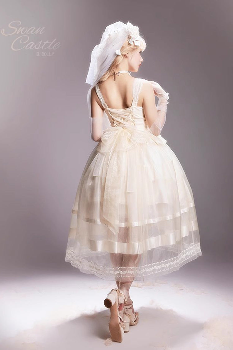 Sweet Lolita JSK - Swan Castle, Ivory, Long Length, Bow Detail, Lace Trim - additional product view 6
