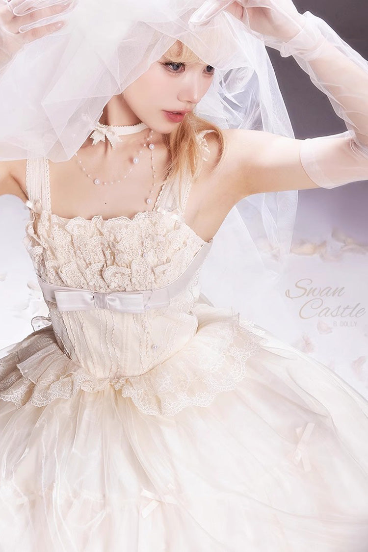 Sweet Lolita JSK - Swan Castle, Ivory, Long Length, Bow Detail, Lace Trim - additional product view 7