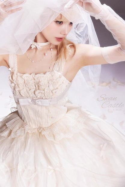 Sweet Lolita JSK - Swan Castle, Ivory, Long Length, Bow Detail, Lace Trim - additional product view 7