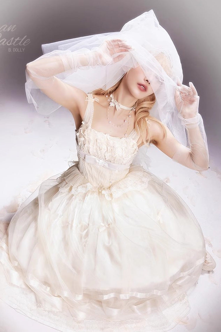 Sweet Lolita JSK - Swan Castle, Ivory, Long Length, Bow Detail, Lace Trim - additional product view 8