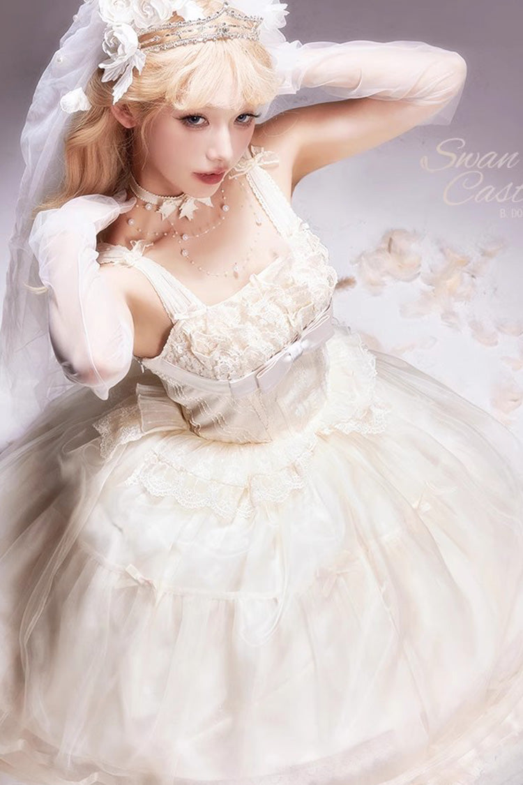 Sweet Lolita JSK - Swan Castle, Ivory, Long Length, Bow Detail, Lace Trim - additional product view 9