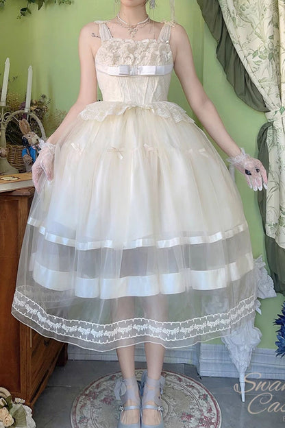 Sweet Lolita JSK - Swan Castle, Ivory, Long Length, Bow Detail, Lace Trim - additional product view 12
