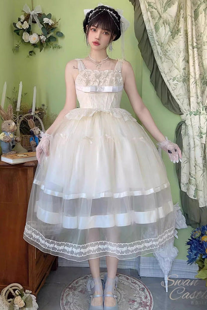 Sweet Lolita JSK - Swan Castle, Ivory, Long Length, Bow Detail, Lace Trim - main product image