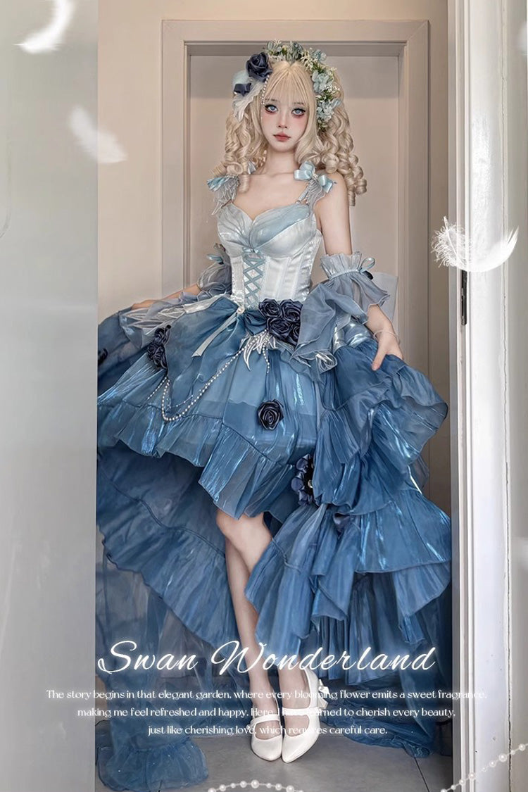 Sweet Lolita JSK - Swan Wonderland, Blue, High-Low Hem, Lace Trim, Embroidered - additional product view 2