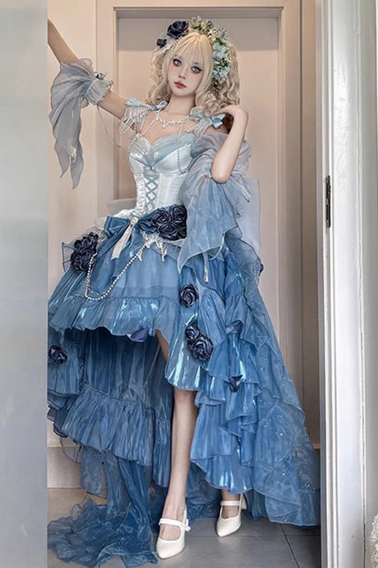 Sweet Lolita JSK - Swan Wonderland, Blue, High-Low Hem, Lace Trim, Embroidered - additional product view 4