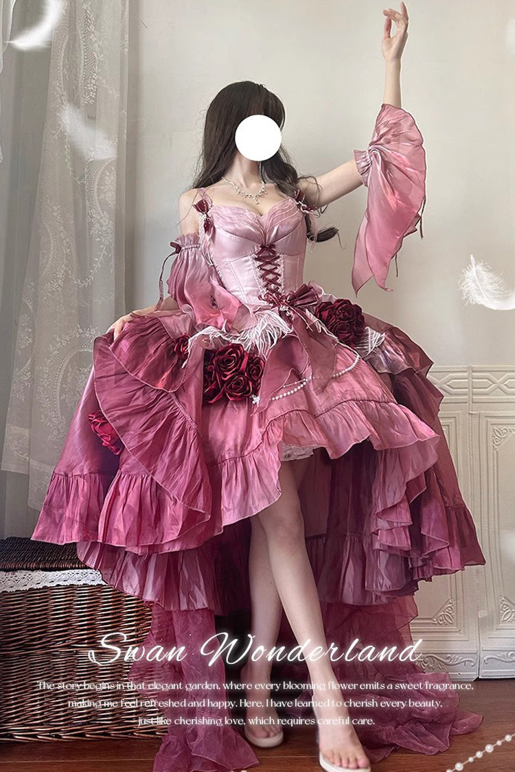 Sweet Lolita JSK - Swan Wonderland, Red, High-Low Hem, Bow Detail, Lace Trim - additional product view 2