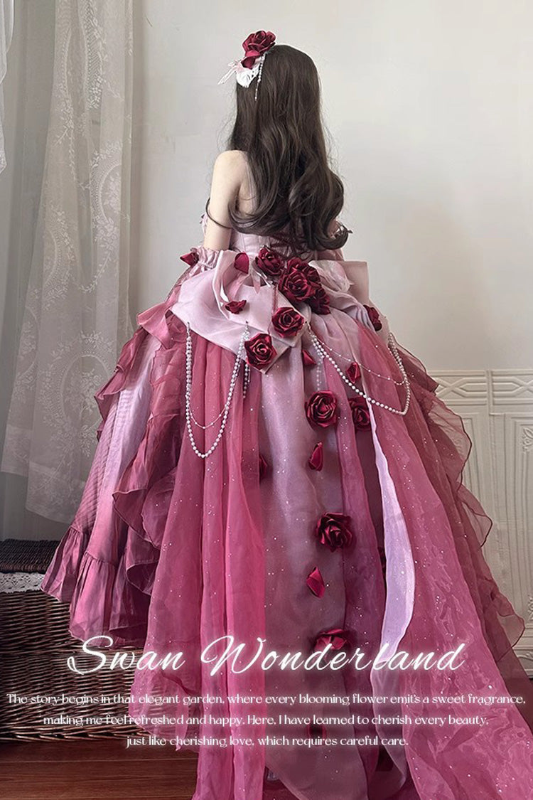 Sweet Lolita JSK - Swan Wonderland, Red, High-Low Hem, Bow Detail, Lace Trim - additional product view 3