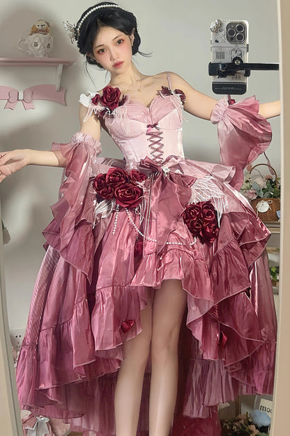 Sweet Lolita JSK - Swan Wonderland, Red, High-Low Hem, Bow Detail, Lace Trim - additional product view 5