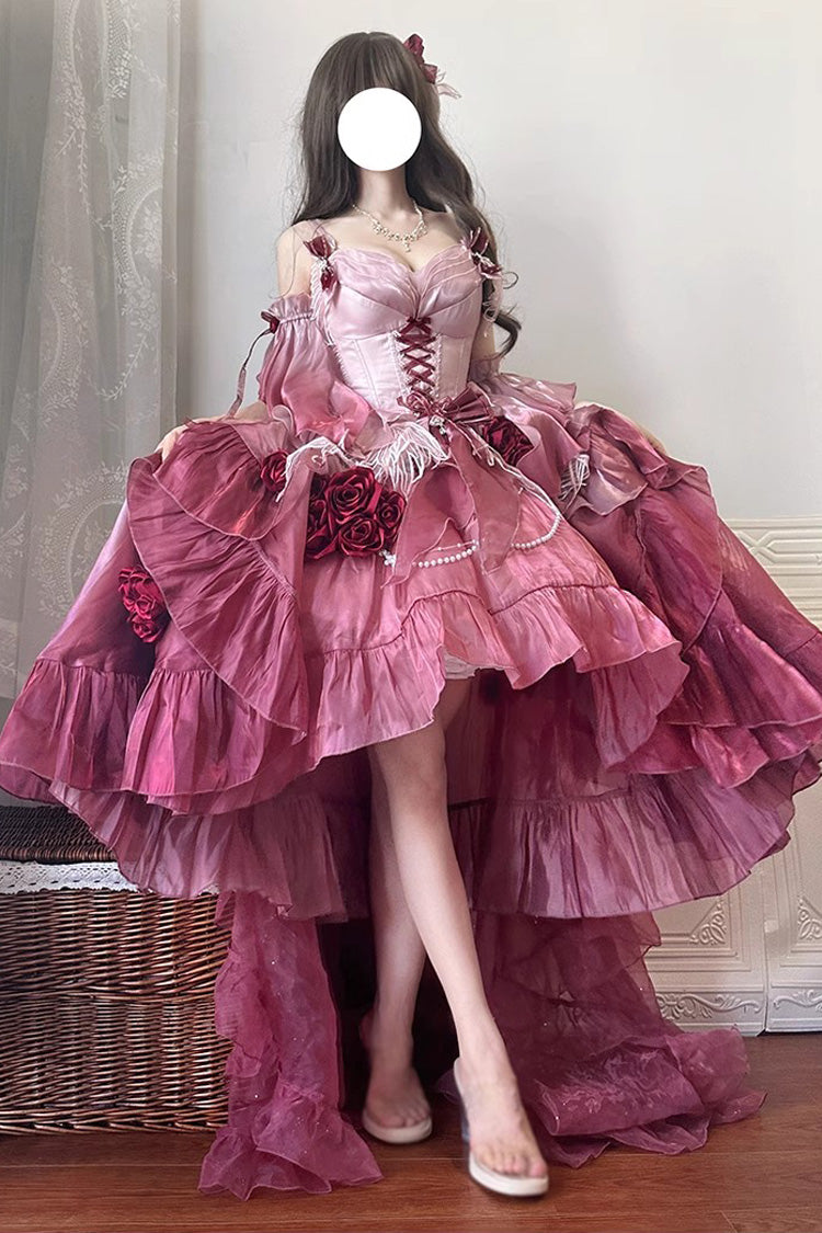 Sweet Lolita JSK - Swan Wonderland, Red, High-Low Hem, Bow Detail, Lace Trim - main product image