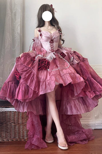 Sweet Lolita JSK - Swan Wonderland, Red, High-Low Hem, Bow Detail, Lace Trim - main product image