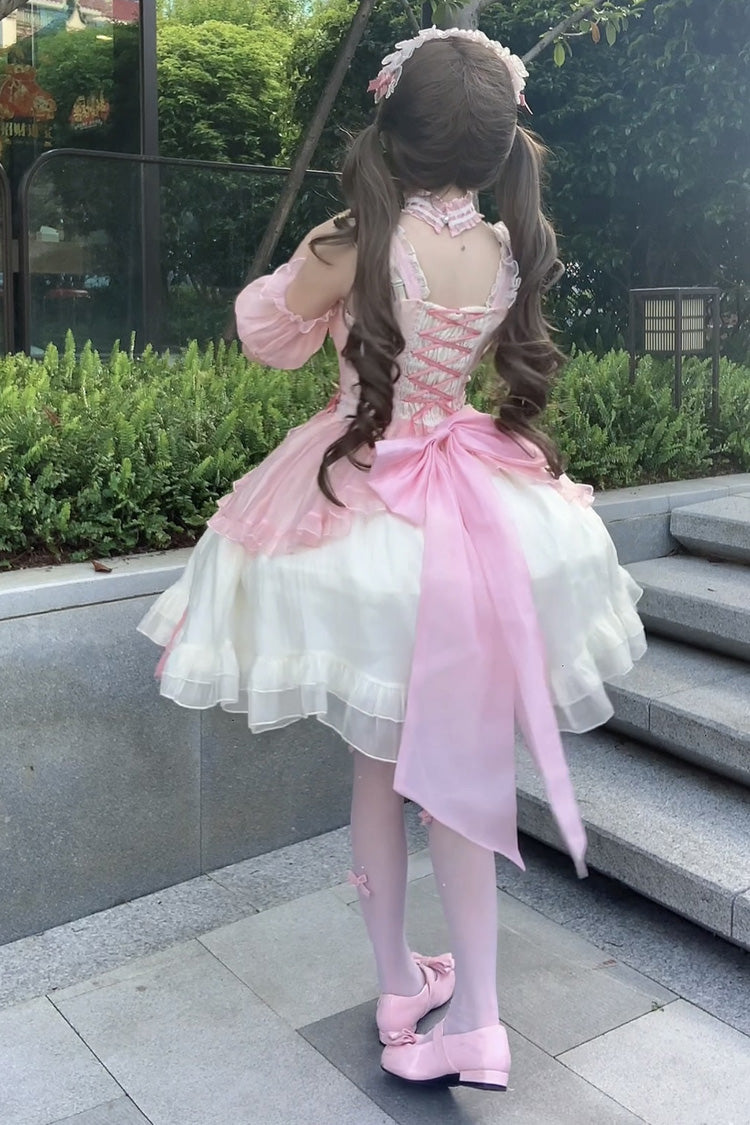 Sweet Lolita JSK - Sweet Sakura Bow, 2 Colors, Bow Detail, Ruffled, Layered - additional product view 3