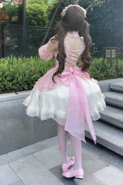 Sweet Lolita JSK - Sweet Sakura Bow, 2 Colors, Bow Detail, Ruffled, Layered - additional product view 3