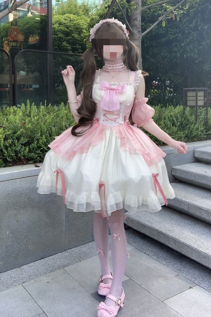 Sweet Lolita JSK - Sweet Sakura Bow, 2 Colors, Bow Detail, Ruffled, Layered - main product image