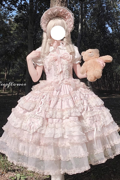 Sweet Lolita JSK - Sweetheart Diary, Pink, Layered, Bow Detail, Lace Trim - additional product view 2