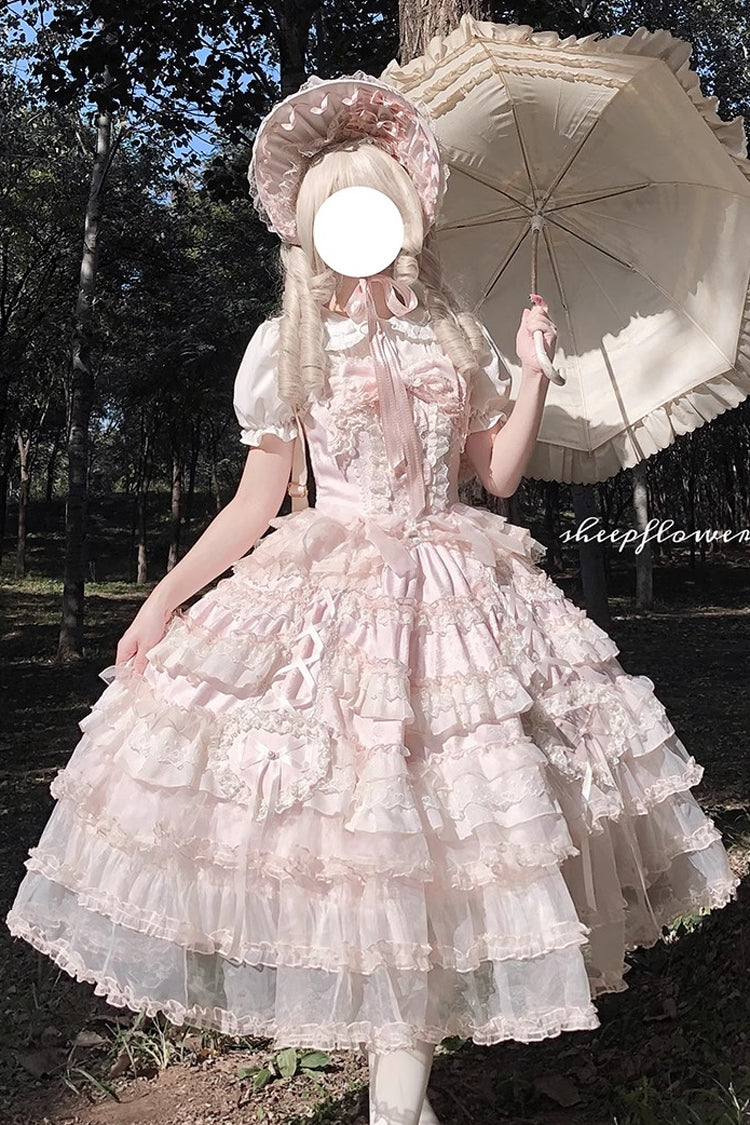 Sweet Lolita JSK - Sweetheart Diary, Pink, Layered, Bow Detail, Lace Trim - main product image