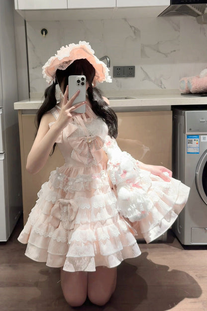 Sweet Lolita JSK - Sweetheart Doll, Pink, Layered, Bow Detail, Lace Trim - additional product view 4