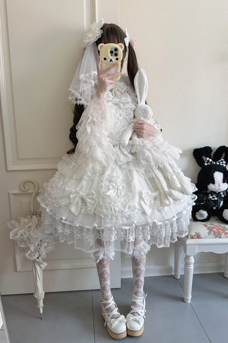 Sweet Lolita JSK - Sweetheart, White, Layered, Lace-Up, Bow Detail - additional product view 2