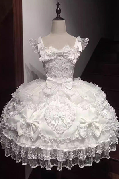 Sweet Lolita JSK - Sweetheart, White, Layered, Lace-Up, Bow Detail - additional product view 3