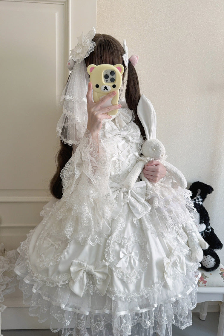 Sweet Lolita JSK - Sweetheart, White, Layered, Lace-Up, Bow Detail - additional product view 4