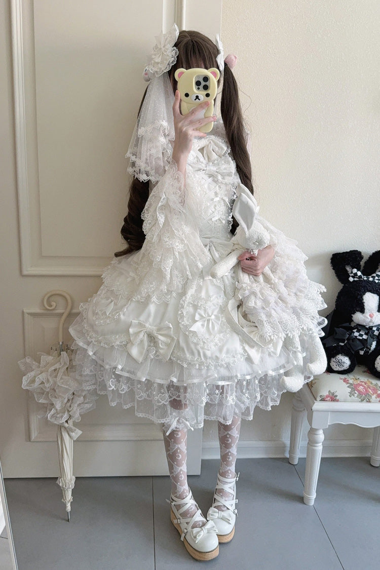 Sweet Lolita JSK - Sweetheart, White, Layered, Lace-Up, Bow Detail - additional product view 5