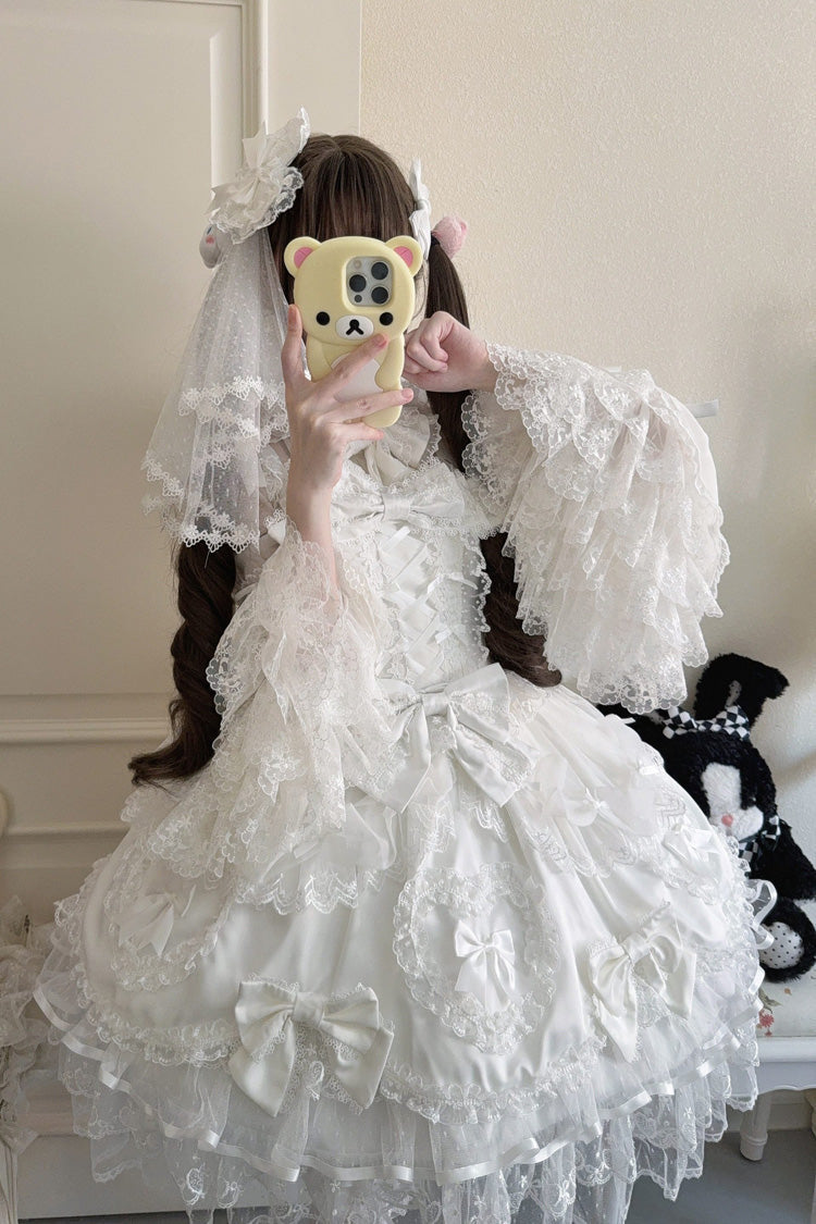 Sweet Lolita JSK - Sweetheart, White, Layered, Lace-Up, Bow Detail - additional product view 6