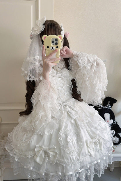 Sweet Lolita JSK - Sweetheart, White, Layered, Lace-Up, Bow Detail - additional product view 6