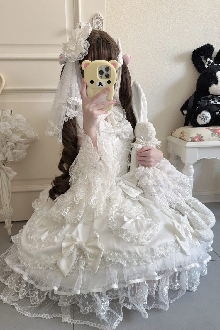Sweet Lolita JSK - Sweetheart, White, Layered, Lace-Up, Bow Detail - additional product view 7