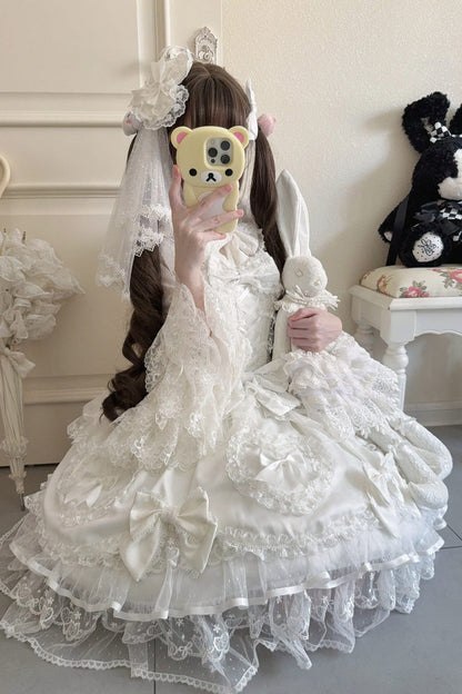 Sweet Lolita JSK - Sweetheart, White, Layered, Lace-Up, Bow Detail - additional product view 7