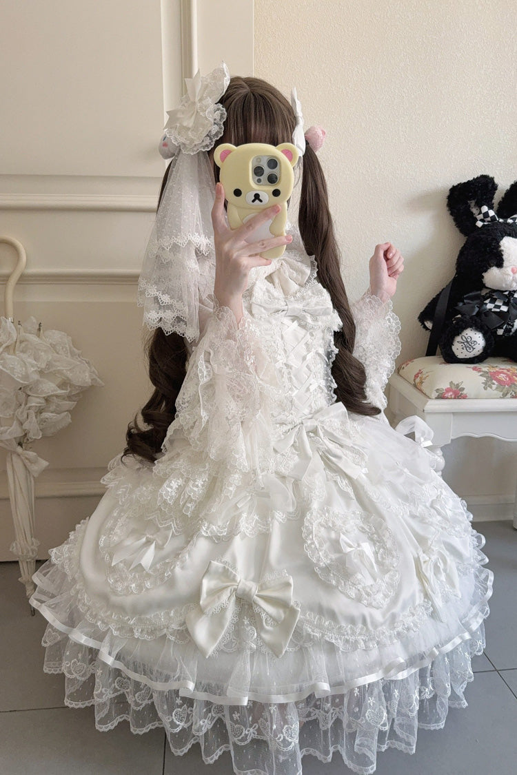 Sweet Lolita JSK - Sweetheart, White, Layered, Lace-Up, Bow Detail - additional product view 8