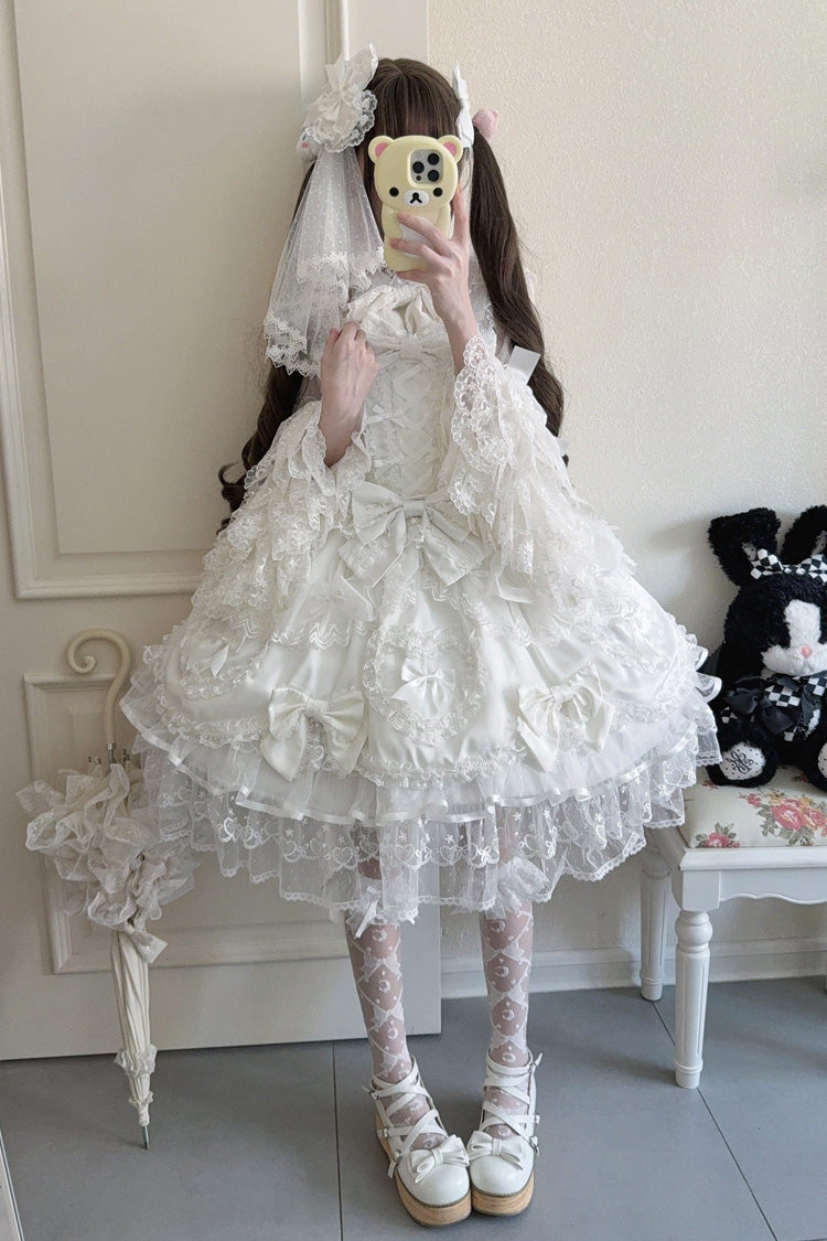 Sweet Lolita JSK - Sweetheart, White, Layered, Lace-Up, Bow Detail - main product image
