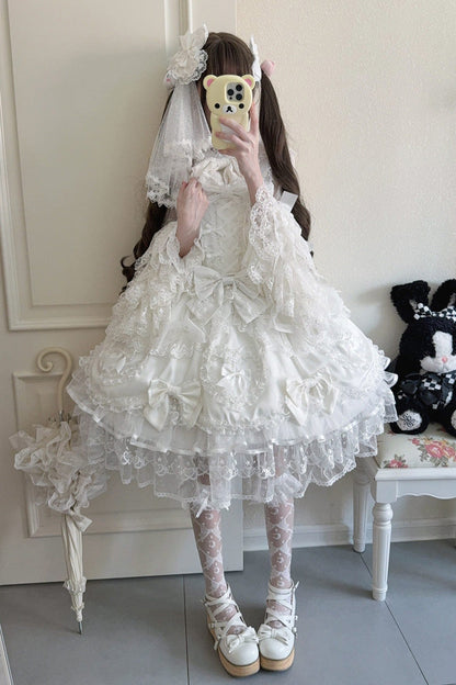 Sweet Lolita JSK - Sweetheart, White, Layered, Lace-Up, Bow Detail - main product image