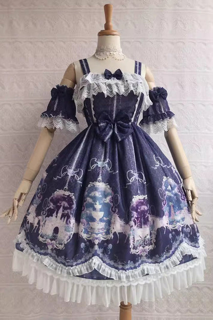 Sweet Lolita JSK - Sweetie Violet Unicorn's Secret, 7 Colors, Printed, Bow Detail, Ruffled - XS Dark-blue / S Dark-blue / M Dark-blue option