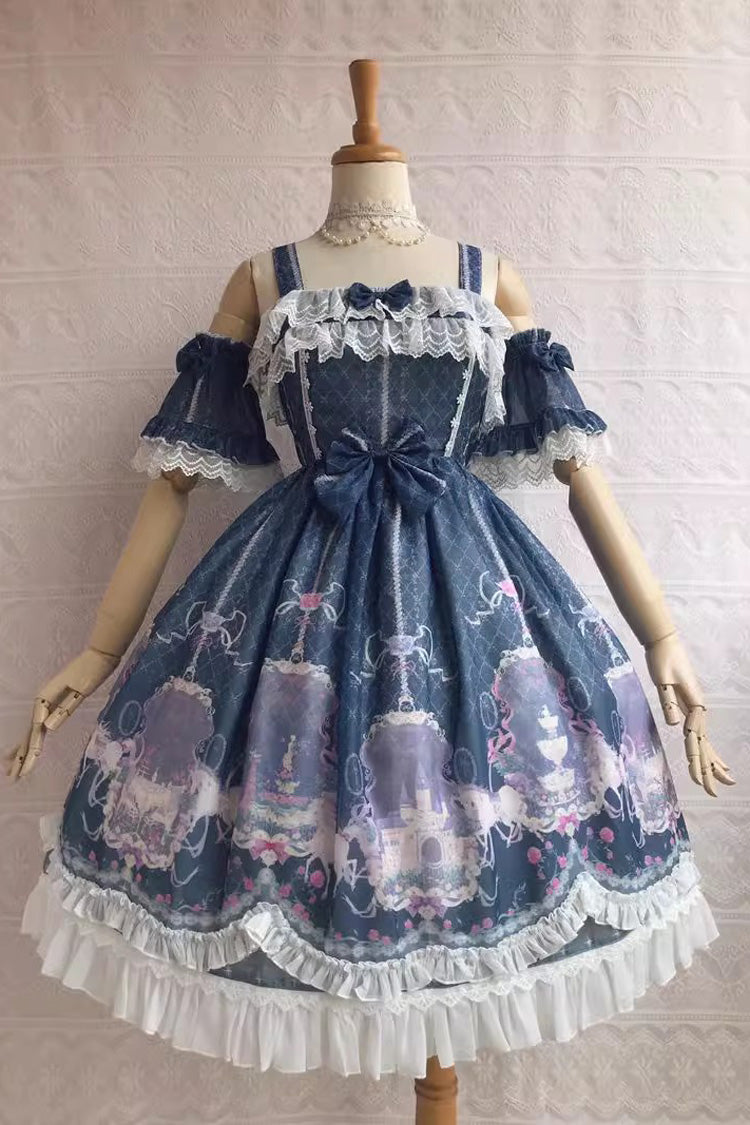 Sweet Lolita JSK - Sweetie Violet Unicorn's Secret, 7 Colors, Printed, Bow Detail, Ruffled - XS Navy blue / S Navy blue / M Navy blue option
