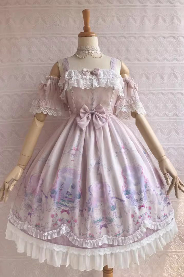 Sweet Lolita JSK - Sweetie Violet Unicorn's Secret, 7 Colors, Printed, Bow Detail, Ruffled - XS Off-white / S Off-white / M Off-white option