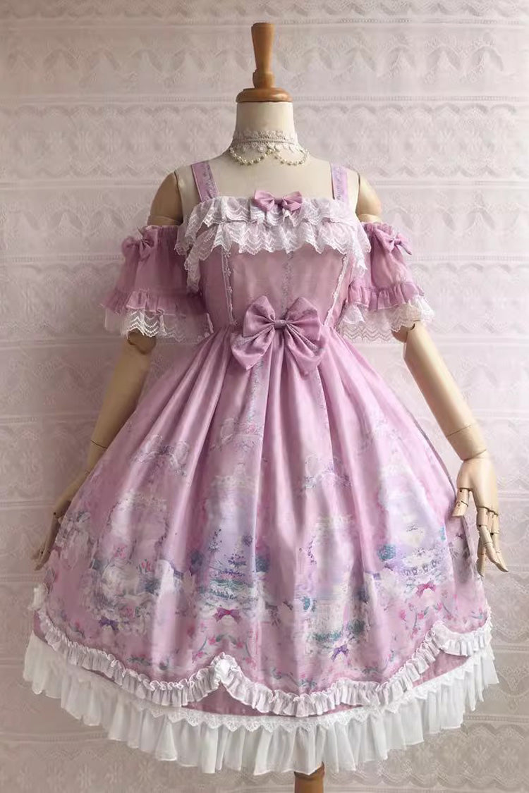 Sweet Lolita JSK - Sweetie Violet Unicorn's Secret, 7 Colors, Printed, Bow Detail, Ruffled - XS Pink / S Pink / M Pink option