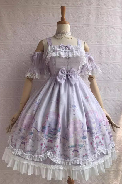 Sweet Lolita JSK - Sweetie Violet Unicorn's Secret, 7 Colors, Printed, Bow Detail, Ruffled - XS Violet / S Violet / M Violet option