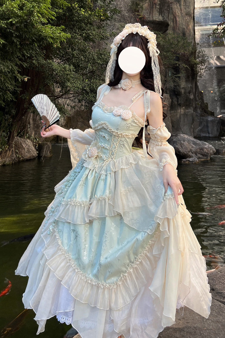 Sweet Lolita JSK - Tea Bamboo Song, Green, Long Version, Detachable Detail, Long Length - main product image