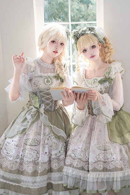 Sweet Lolita JSK - Teacup Rabbit, Green, Ruffled, Printed, Embroidered - additional product view 2