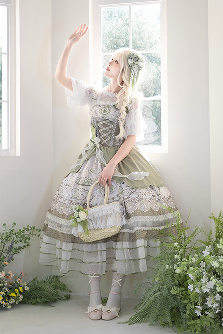 Sweet Lolita JSK - Teacup Rabbit, Green, Ruffled, Printed, Embroidered - additional product view 3