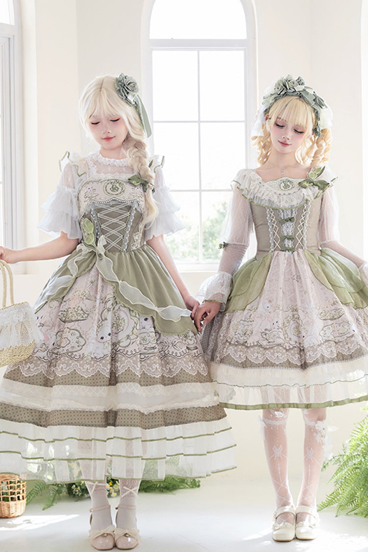 Sweet Lolita JSK - Teacup Rabbit, Green, Ruffled, Printed, Embroidered - additional product view 4
