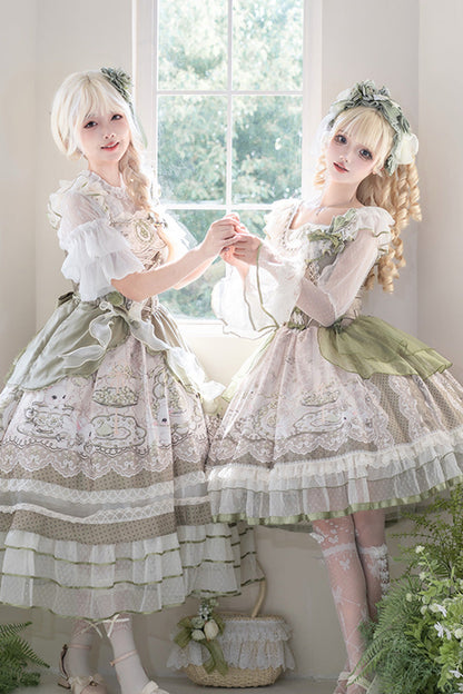 Sweet Lolita JSK - Teacup Rabbit, Green, Ruffled, Printed, Embroidered - additional product view 5