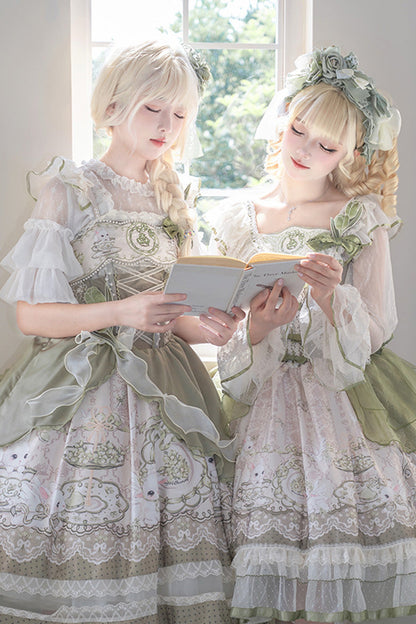 Sweet Lolita JSK - Teacup Rabbit, Green, Ruffled, Printed, Embroidered - additional product view 6