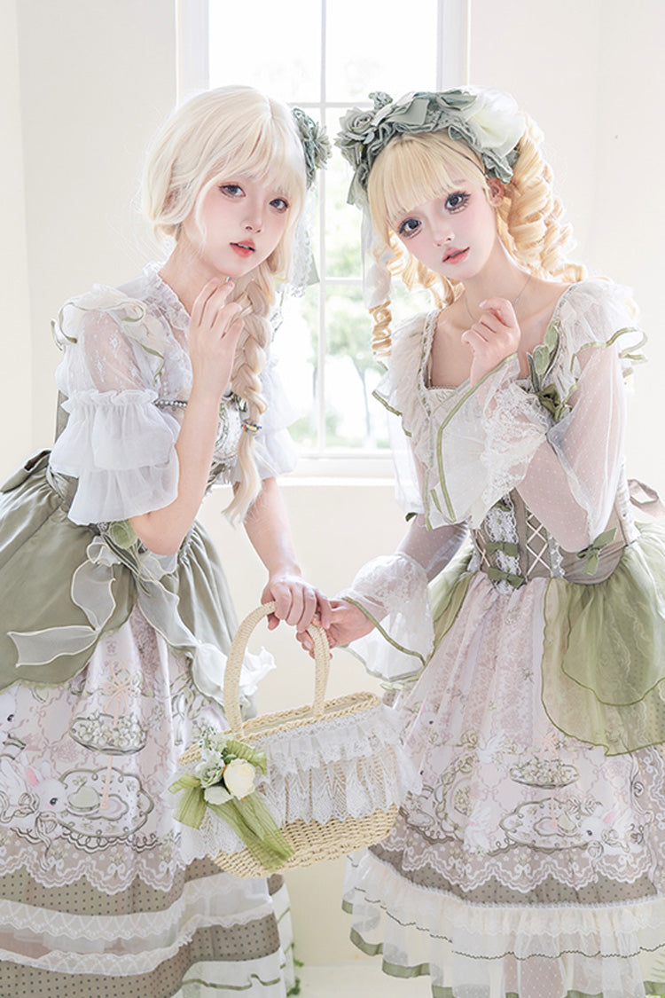 Sweet Lolita JSK - Teacup Rabbit, Green, Ruffled, Printed, Embroidered - additional product view 7