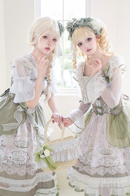 Sweet Lolita JSK - Teacup Rabbit, Green, Ruffled, Printed, Embroidered - additional product view 7
