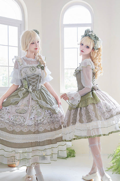 Sweet Lolita JSK - Teacup Rabbit, Green, Ruffled, Printed, Embroidered - additional product view 8