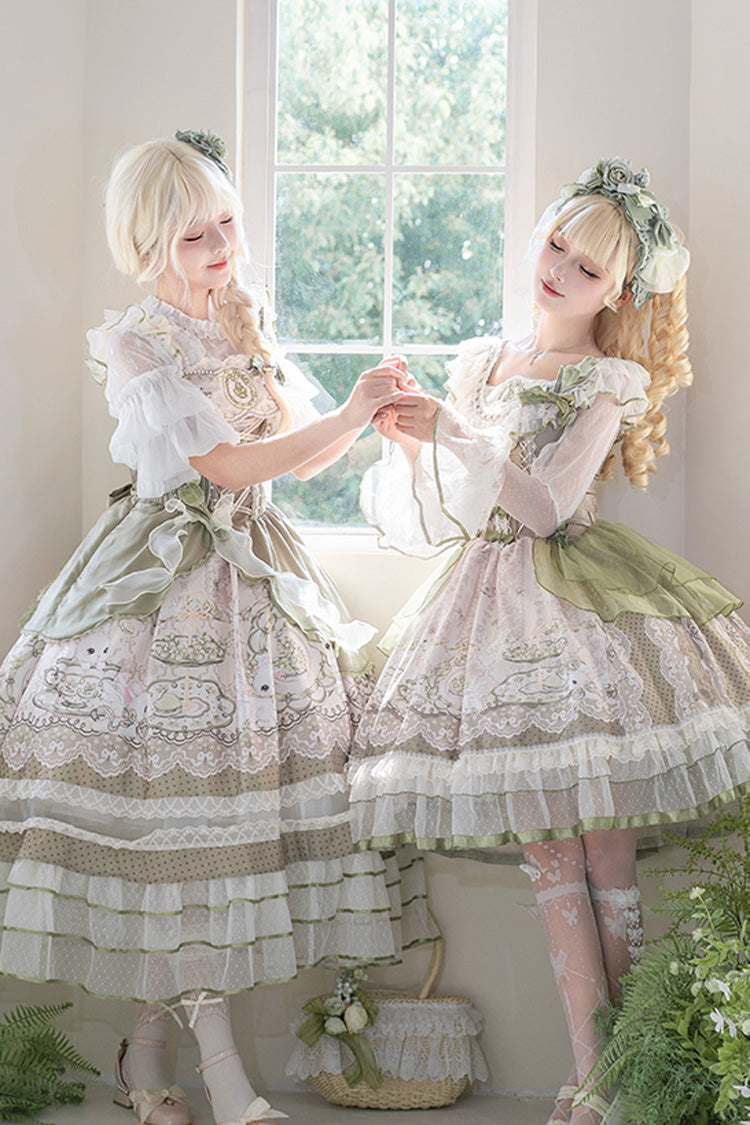 Sweet Lolita JSK - Teacup Rabbit, Green, Ruffled, Printed, Embroidered - additional product view 9