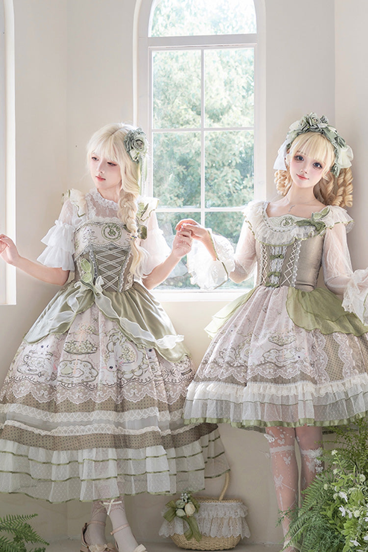 Sweet Lolita JSK - Teacup Rabbit, Green, Ruffled, Printed, Embroidered - additional product view 10