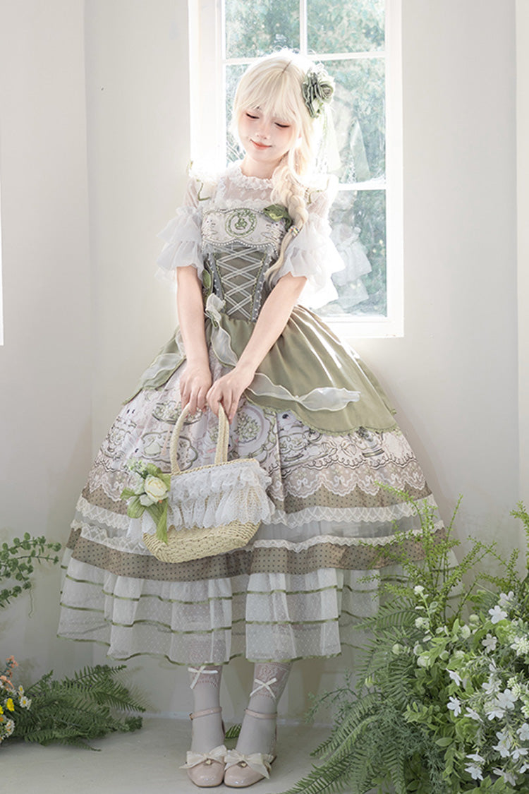 Sweet Lolita JSK - Teacup Rabbit, Green, Ruffled, Printed, Embroidered - additional product view 11