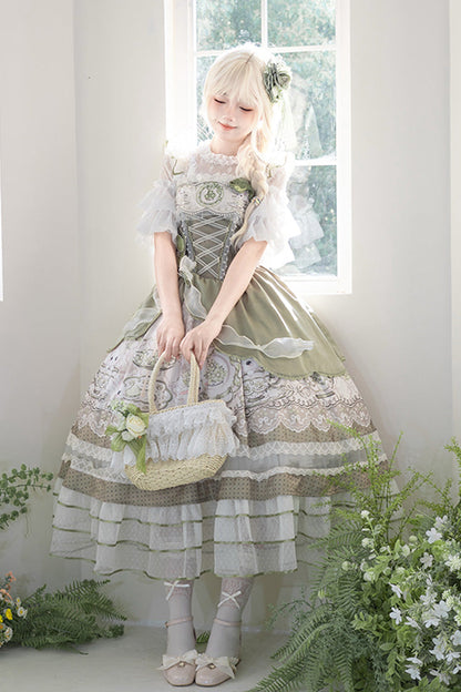 Sweet Lolita JSK - Teacup Rabbit, Green, Ruffled, Printed, Embroidered - additional product view 11