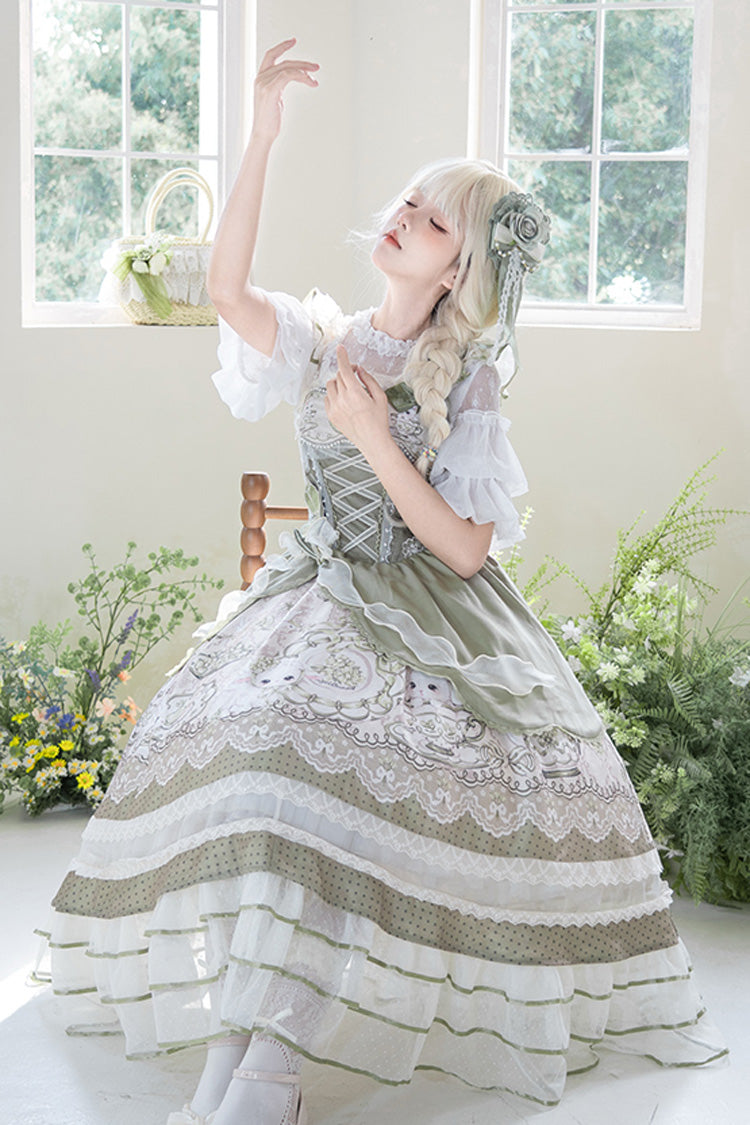Sweet Lolita JSK - Teacup Rabbit, Green, Ruffled, Printed, Embroidered - additional product view 12